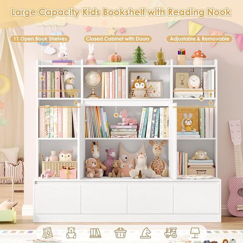 HIFIT 4-In-1 Kids Bookshelf and Toy Storage Organizer with Bench, 10-Cubes Kids Bookcase w/Reading Nook & 4 Sliding-Drawers & 2 Doors, Toy Chest Storage Cabinet for Playroom, Nursery,Classroom,Natural in Saudi Arabia