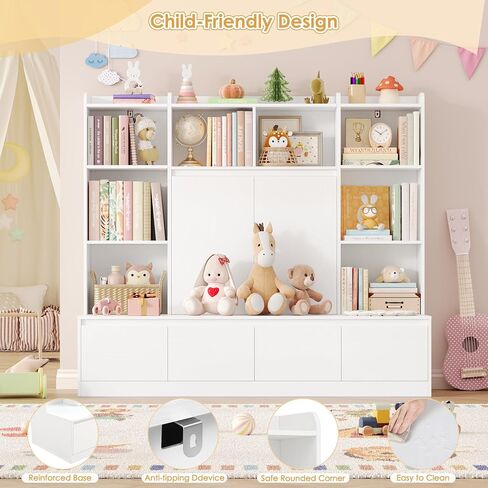 HIFIT 4-In-1 Kids Bookshelf and Toy Storage Organizer with Bench, 10-Cubes Kids Bookcase w/Reading Nook & 4 Sliding-Drawers & 2 Doors, Toy Chest Storage Cabinet for Playroom, Nursery,Classroom,Natural in Saudi Arabia