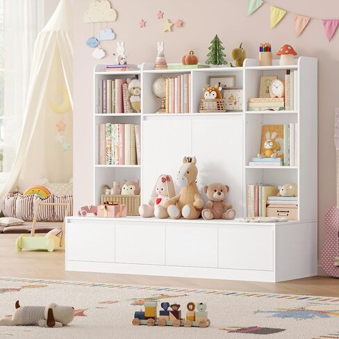 HIFIT 4-In-1 Kids Bookshelf and Toy Storage Organizer with Bench, 10-Cubes Kids Bookcase w/Reading Nook & 4 Sliding-Drawers & 2 Doors, Toy Chest Storage Cabinet for Playroom, Nursery,Classroom,Natural in Saudi Arabia