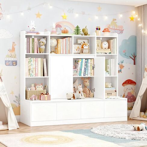 HIFIT 4-In-1 Kids Bookshelf and Toy Storage Organizer with Bench, 10-Cubes Kids Bookcase w/Reading Nook & 4 Sliding-Drawers & 2 Doors, Toy Chest Storage Cabinet for Playroom, Nursery,Classroom,Natural in Saudi Arabia