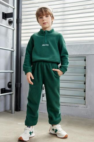 Arshiner Toddler Boys Letter Embroidery Half Zip Sweatshirt & Pants Set Fuzzy Fleece Fall Winter Outfits 2~6 Years in Saudi Arabia