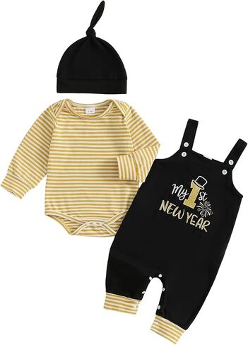 Gueuusu My First Valentines Baby Boy Outfit Newborn Striped Long Sleeve Romper Top Embroidery Suspender Pants with Hat Set in Saudi Arabia
