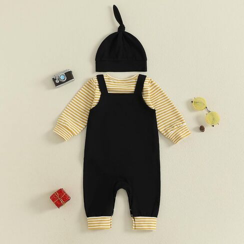 Gueuusu My First Valentines Baby Boy Outfit Newborn Striped Long Sleeve Romper Top Embroidery Suspender Pants with Hat Set in Saudi Arabia