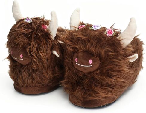 Highland Cow Slippers, Cute Scottish Highland Cattle Plush Slippers with Flowers, Soft Warm Indoor Home Slippers in Saudi Arabia