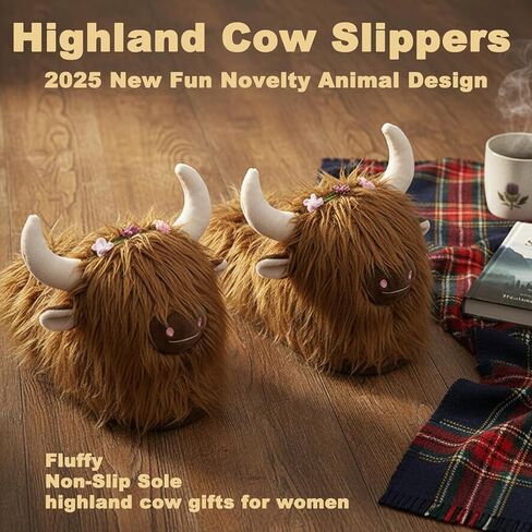Highland Cow Slippers, Cute Scottish Highland Cattle Plush Slippers with Flowers, Soft Warm Indoor Home Slippers in Saudi Arabia