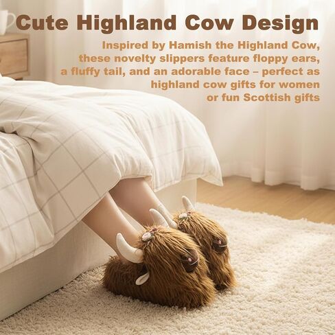 Highland Cow Slippers, Cute Scottish Highland Cattle Plush Slippers with Flowers, Soft Warm Indoor Home Slippers in Saudi Arabia
