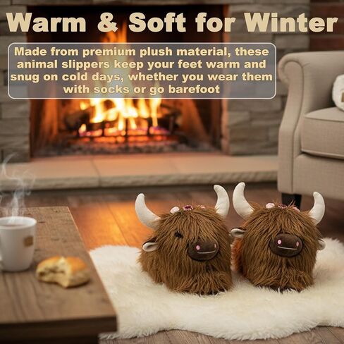 Highland Cow Slippers, Cute Scottish Highland Cattle Plush Slippers with Flowers, Soft Warm Indoor Home Slippers in Saudi Arabia