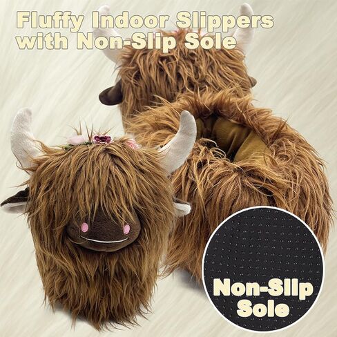 Highland Cow Slippers, Cute Scottish Highland Cattle Plush Slippers with Flowers, Soft Warm Indoor Home Slippers in Saudi Arabia
