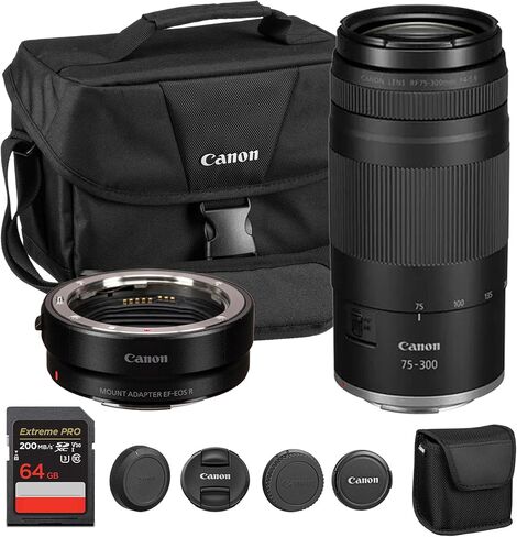 عدسة كانون RF 75-300 ملم f/4-5.6| تكبير تليفوتوغرافي صغير الحجم مع نطاق بؤري متعدد الاستخدامات وتركيز تلقائي سلس| رائعة للتصوير الفوتوغرافي أثناء ممارسة الرياضة والحياة البرية والتصوير اليومي (7155C002) + محول EF-EOS R + حقيبة + بطاقة سعة 64 جيجابايت in Kuwait
