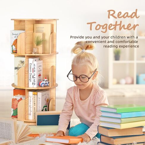 OOOK 3 Tier Rotating Bookshelf Tower, Montessori Bookshelf Storage Rack with Kids, Large Chassis 360 Display for Small Space, Kids Room, Nursery in Saudi Arabia