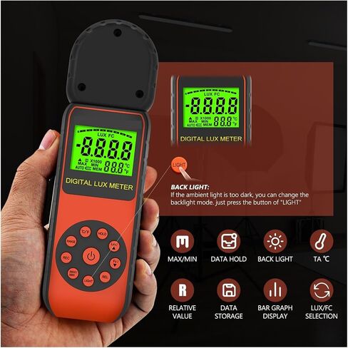 مقياس الإضاءة، مقياس الإضاءة، عرض القيمة القصوى للضوء 3999 (النطاق: 1-400,000Lux) تخزين بيانات المستشعر المستدير بزاوية 270 درجة in Saudi Arabia