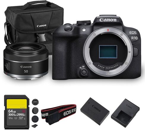كاميرا Canon EOS R10 بدون مرآة، مستشعر APS-C بدقة 24.2 ميجابكسل، فيديو 4K، بكسل مزدوج AF، كاميرا سفر مدمجة خفيفة الوزن لتدوين الفيديو (5331C002) + عدسة Canon RF 75-300 مم + بطاقة 64 جيجابايت + حقيبة in Saudi Arabia