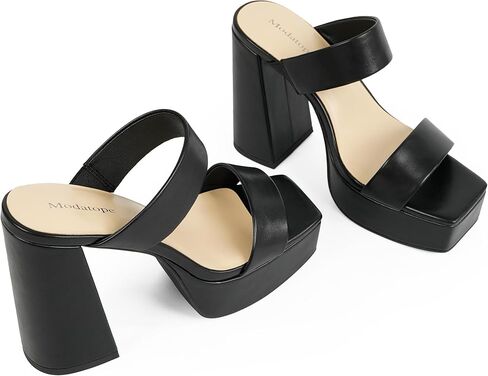 Modatope Platform Heels for Women Square Open Toe Chunky Heel Platform Sandals Two Strap Slip On Heels Wedding Party Dress Shoes in Saudi Arabia