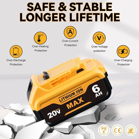 DCB200 6.0Ah Lithium Battery Replacement for Dewalt 20V Max Battery DCB200 DCB201 DCB203 DCB204 DCB206 DCB180 DCD/DCF/DCG Series Cordless Tools 2Pack in Saudi Arabia