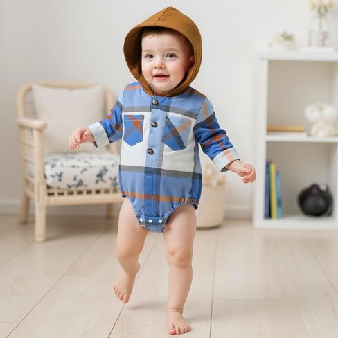 Douhoow Baby Boy Hooded Romper Long Sleeve Boy Plaid Hoodies Baby Jacket Infant Fall Winter Festival Clothes in Kuwait