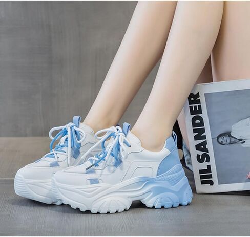 أحذية رياضية نسائية Y2K Cloud Walker ذات منصة لطيفة بألوان باستيل مكتنزة للأب | أزياء أولزانغ الكورية للفتيات المراهقات | ارتفاع إضافي جمالي متدرج باللون الأزرق/الوردي in Kuwait