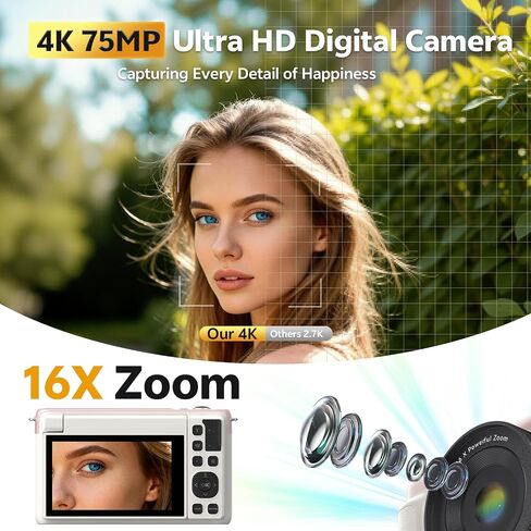 كاميرا رقمية بدقة 4K للتصوير الفوتوغرافي، وكاميرا تسجيل فيديو بدقة 75 ميجابكسل لليوتيوب مع شاشة قابلة للطي 3 بوصات بزاوية 180 درجة، ونقطة تكبير رقمية 18X وكاميرا تصوير مع بطاقة Micro SD سعة 64 جيجابايت للمبتدئين (وردي) in Kuwait