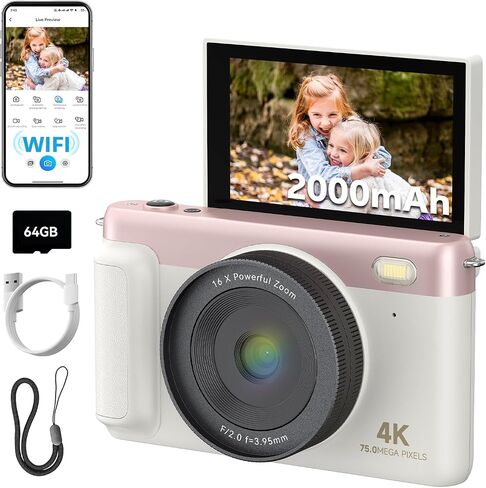 كاميرا رقمية بدقة 4K للتصوير الفوتوغرافي، وكاميرا تسجيل فيديو بدقة 75 ميجابكسل لليوتيوب مع شاشة قابلة للطي 3 بوصات بزاوية 180 درجة، ونقطة تكبير رقمية 18X وكاميرا تصوير مع بطاقة Micro SD سعة 64 جيجابايت للمبتدئين (وردي) in Kuwait