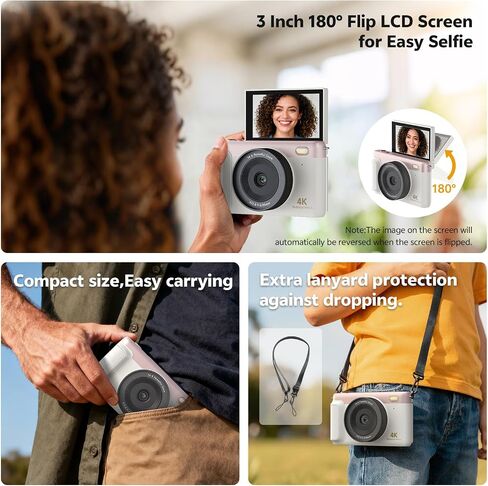 كاميرا رقمية بدقة 4K للتصوير الفوتوغرافي، وكاميرا تسجيل فيديو بدقة 75 ميجابكسل لليوتيوب مع شاشة قابلة للطي 3 بوصات بزاوية 180 درجة، ونقطة تكبير رقمية 18X وكاميرا تصوير مع بطاقة Micro SD سعة 64 جيجابايت للمبتدئين (وردي) in Kuwait