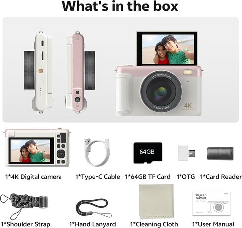 كاميرا رقمية بدقة 4K للتصوير الفوتوغرافي، وكاميرا تسجيل فيديو بدقة 75 ميجابكسل لليوتيوب مع شاشة قابلة للطي 3 بوصات بزاوية 180 درجة، ونقطة تكبير رقمية 18X وكاميرا تصوير مع بطاقة Micro SD سعة 64 جيجابايت للمبتدئين (وردي) in Kuwait