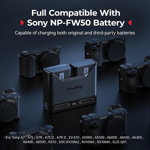 شاحن بطارية SMALLRIG NP-FW50 لسوني، شاحن كاميرا ثنائي الفتحة 2 ساعة مع منفذ USB-C 11 وات، متوافق تمامًا مع Sony A6000 A6100 A6300 A6400 ZV-E10 A7 A7S A7R A7SII A7RII A5000 A5100 ILCE-QX1 in Saudi Arabia