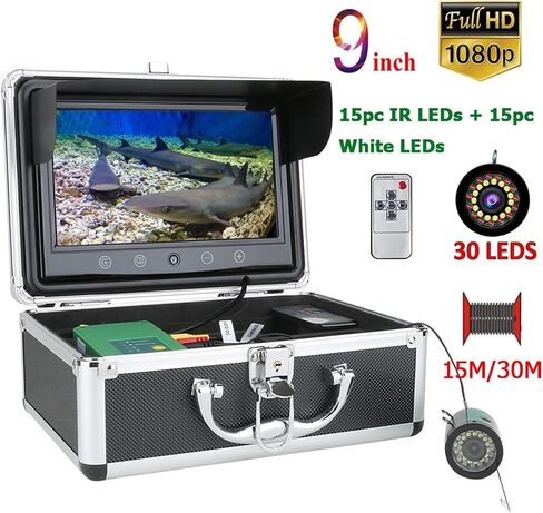كاميرا الصيد تحت الماء، شاشة 9 بوصات HD 1080 بكسل، كاميرا صيد الأسماك تحت الماء 15 قطعة مصابيح LED بيضاء + 15 قطعة مصباح الأشعة تحت الحمراء لصيد الأسماك على الجليد في النهر/الشتاء (1080 بكسل 30 متر بدون مسجل فيديو) in Kuwait