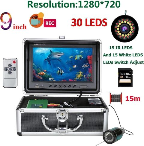 كاميرا الصيد تحت الماء، شاشة 9 بوصات HD 1080 بكسل، كاميرا صيد الأسماك تحت الماء 15 قطعة مصابيح LED بيضاء + 15 قطعة مصباح الأشعة تحت الحمراء لصيد الأسماك على الجليد في النهر/الشتاء (1080 بكسل 30 متر بدون مسجل فيديو) in Kuwait