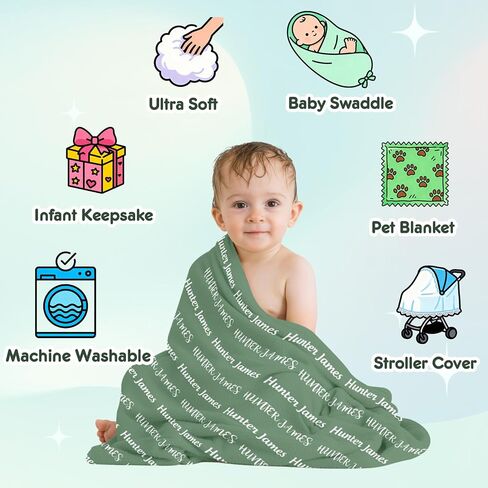 Ships Next Day-Personalized Baby Blanket for Boys Girls, Flannel Throw Blanket,Swaddles for Newborns,Customized Gifts for Baby,Toddlers, Kids in Saudi Arabia