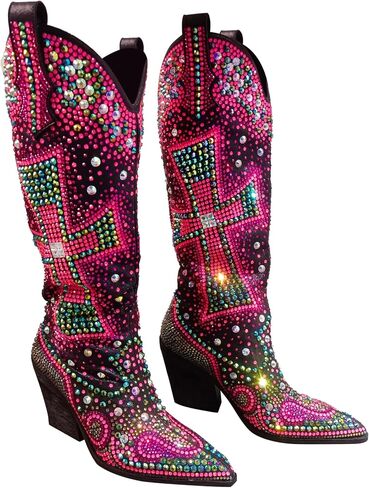 Women's Rhinestone Cowboy Boots Knee High Western Cowgirl | Crystal Cross Embellished, Pointed Toe, Chunky Heel, Sparkly, For Concert Party Festival in Saudi Arabia