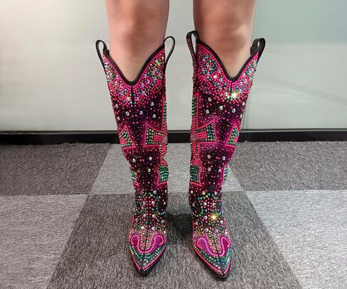 Women's Rhinestone Cowboy Boots Knee High Western Cowgirl | Crystal Cross Embellished, Pointed Toe, Chunky Heel, Sparkly, For Concert Party Festival in Saudi Arabia