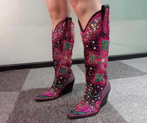 Women's Rhinestone Cowboy Boots Knee High Western Cowgirl | Crystal Cross Embellished, Pointed Toe, Chunky Heel, Sparkly, For Concert Party Festival in Saudi Arabia