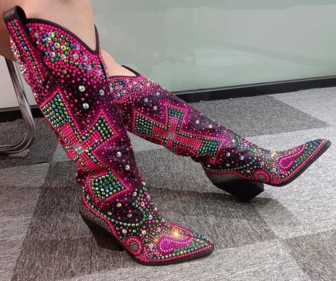 Women's Rhinestone Cowboy Boots Knee High Western Cowgirl | Crystal Cross Embellished, Pointed Toe, Chunky Heel, Sparkly, For Concert Party Festival in Saudi Arabia