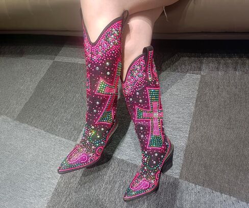 Women's Rhinestone Cowboy Boots Knee High Western Cowgirl | Crystal Cross Embellished, Pointed Toe, Chunky Heel, Sparkly, For Concert Party Festival in Saudi Arabia