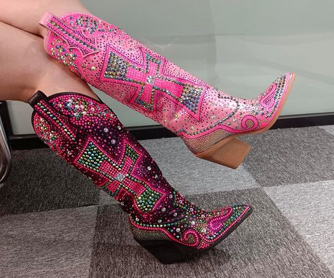 Women's Rhinestone Cowboy Boots Knee High Western Cowgirl | Crystal Cross Embellished, Pointed Toe, Chunky Heel, Sparkly, For Concert Party Festival in Saudi Arabia