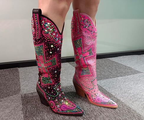 Women's Rhinestone Cowboy Boots Knee High Western Cowgirl | Crystal Cross Embellished, Pointed Toe, Chunky Heel, Sparkly, For Concert Party Festival in Saudi Arabia