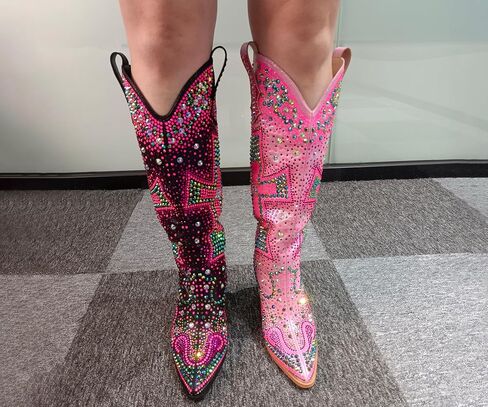 Women's Rhinestone Cowboy Boots Knee High Western Cowgirl | Crystal Cross Embellished, Pointed Toe, Chunky Heel, Sparkly, For Concert Party Festival in Saudi Arabia
