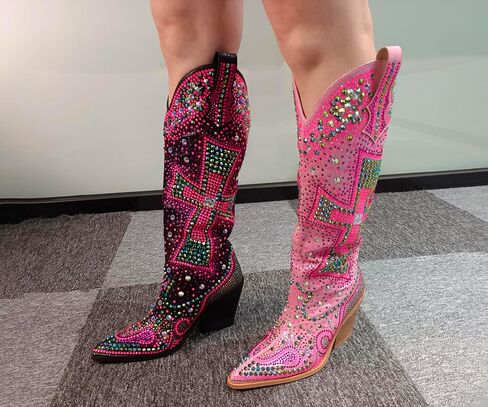 Women's Rhinestone Cowboy Boots Knee High Western Cowgirl | Crystal Cross Embellished, Pointed Toe, Chunky Heel, Sparkly, For Concert Party Festival in Saudi Arabia