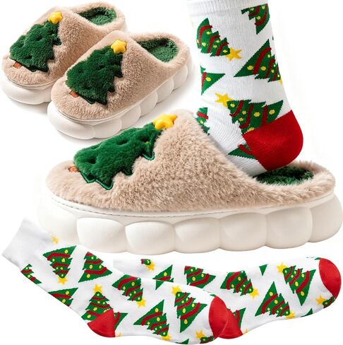 Christmas Fluffy Slippers for Women Men Embroidered Christmas Tree House Slippers with Socks,Thick Cushioned Rubber Slip on Anti-Skid Sole in Saudi Arabia