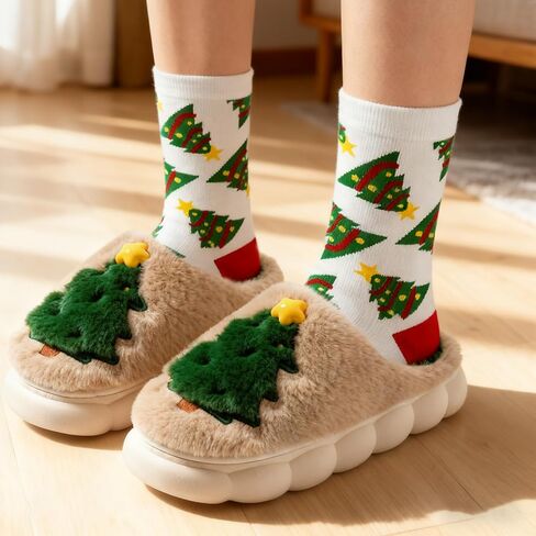 Christmas Fluffy Slippers for Women Men Embroidered Christmas Tree House Slippers with Socks,Thick Cushioned Rubber Slip on Anti-Skid Sole in Saudi Arabia