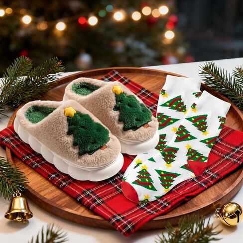 Christmas Fluffy Slippers for Women Men Embroidered Christmas Tree House Slippers with Socks,Thick Cushioned Rubber Slip on Anti-Skid Sole in Saudi Arabia