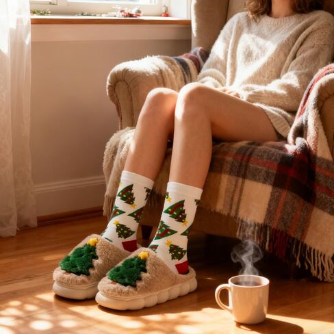 Christmas Fluffy Slippers for Women Men Embroidered Christmas Tree House Slippers with Socks,Thick Cushioned Rubber Slip on Anti-Skid Sole in Saudi Arabia