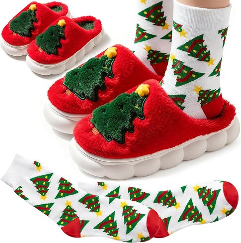 Christmas Fluffy Slippers for Women Men Embroidered Christmas Tree House Slippers with Socks,Thick Cushioned Rubber Slip on Anti-Skid Sole in Saudi Arabia