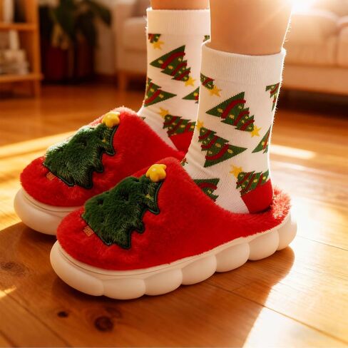 Christmas Fluffy Slippers for Women Men Embroidered Christmas Tree House Slippers with Socks,Thick Cushioned Rubber Slip on Anti-Skid Sole in Saudi Arabia