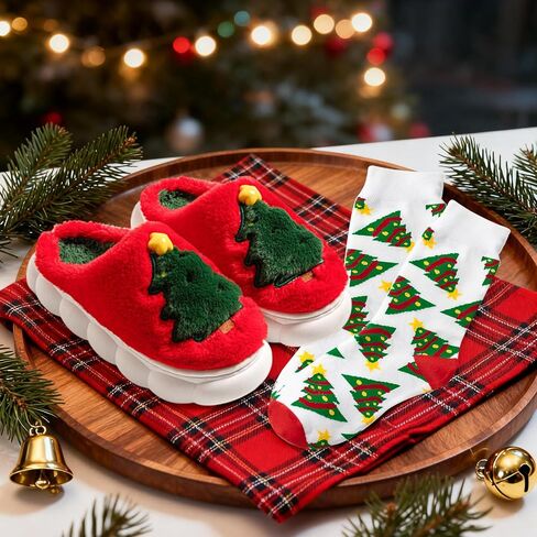 Christmas Fluffy Slippers for Women Men Embroidered Christmas Tree House Slippers with Socks,Thick Cushioned Rubber Slip on Anti-Skid Sole in Saudi Arabia