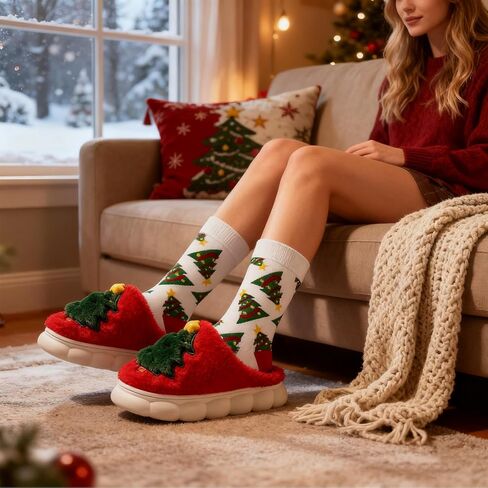 Christmas Fluffy Slippers for Women Men Embroidered Christmas Tree House Slippers with Socks,Thick Cushioned Rubber Slip on Anti-Skid Sole in Saudi Arabia