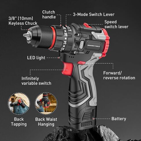 Cordless Drill Set, 16V Electric Power Drill with 2 Batteries, 398 In-lb Torque, 2-Speed & 20+3 Position Setting for DIY Home Improvement, 3/8" Keyless Chuck, LED Light in Saudi Arabia