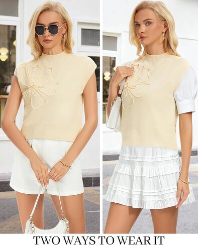 Womens Sweater Vest, 3D Floral Knit Tank Top Sleeveless Sweater Fall Summer Casual Wear in Saudi Arabia
