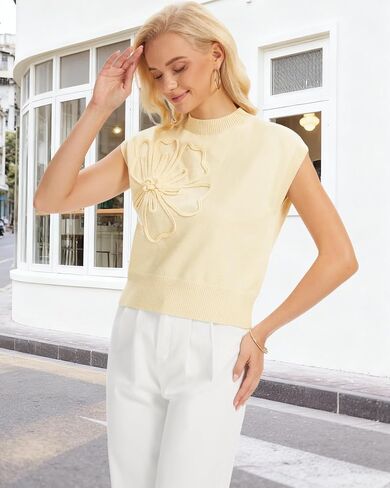 Womens Sweater Vest, 3D Floral Knit Tank Top Sleeveless Sweater Fall Summer Casual Wear in Saudi Arabia
