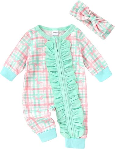 Newborn Baby Girl Clothes Bodysuit Fall Winter Long Sleeve Romper Jumpsuit Infant Warm Outfits With Headband in Saudi Arabia