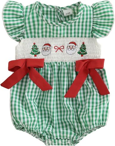 Newborn Infant Baby Girl Christmas Outfit Santa/Christmas Tree Embroidery Plaid Smocked Bubble Romper Ruffle Bodysuit in Saudi Arabia